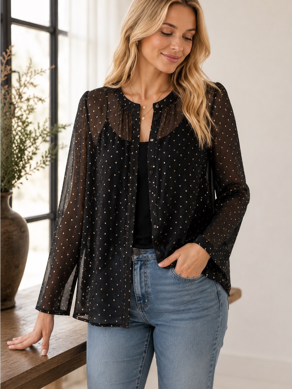 Liz Claiborne Career Sheer Polka Dot Blouse I Size Medium